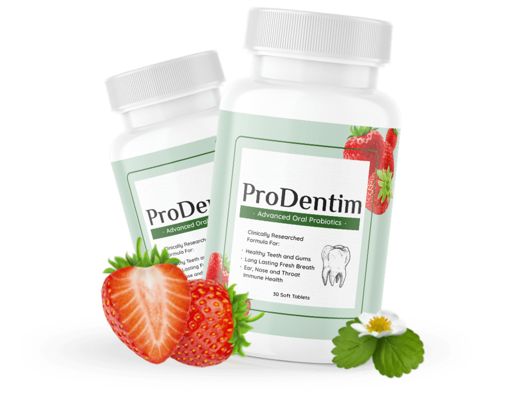 Seller-supplied ProDentim bottles with strawberry imagery